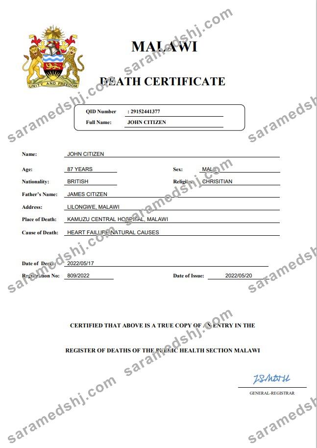 Malawi vital record death certificate Word and PDF template